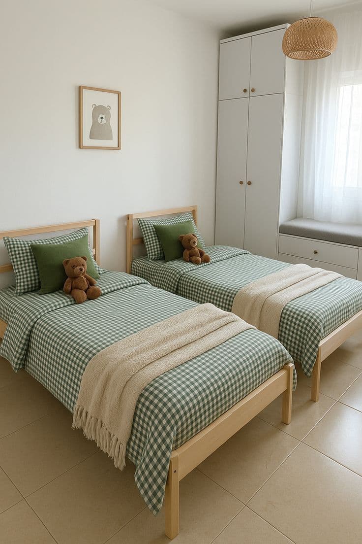 Calm neutral twin bedroom visual